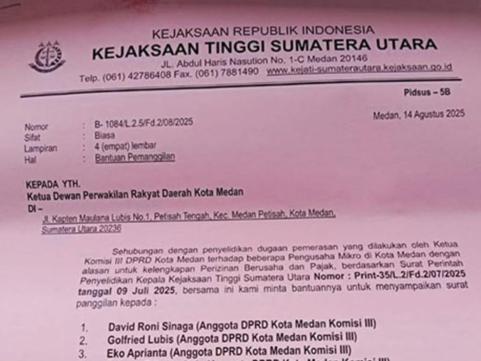 Kejatisu Panggil Empat Anggota DPRD Medan Terkait Dugaan Pemerasan